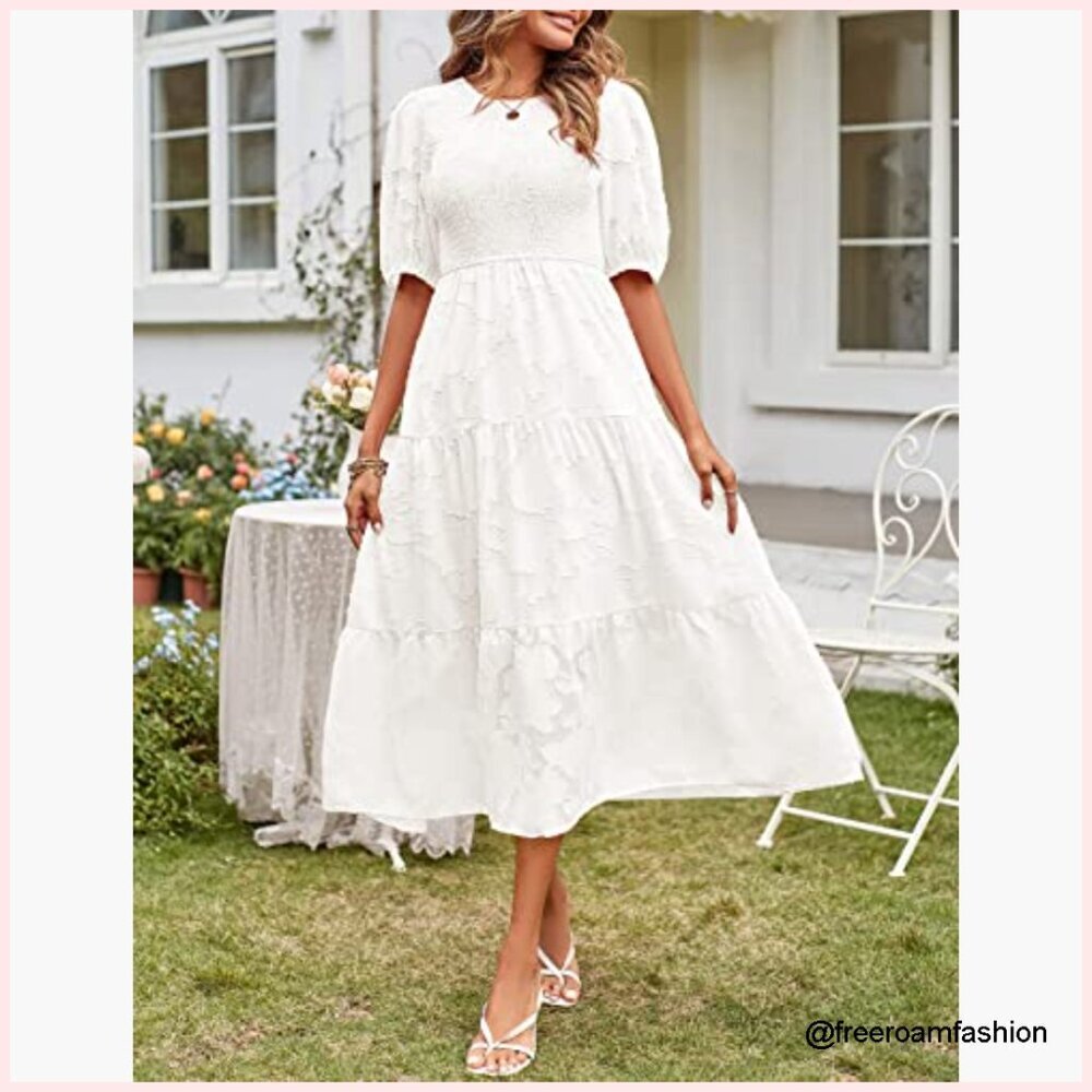 Puff Sleeve Smocked Floral Midi Dress, Crewneck Lace Tiered Summer Dress - Picture 2 of 7